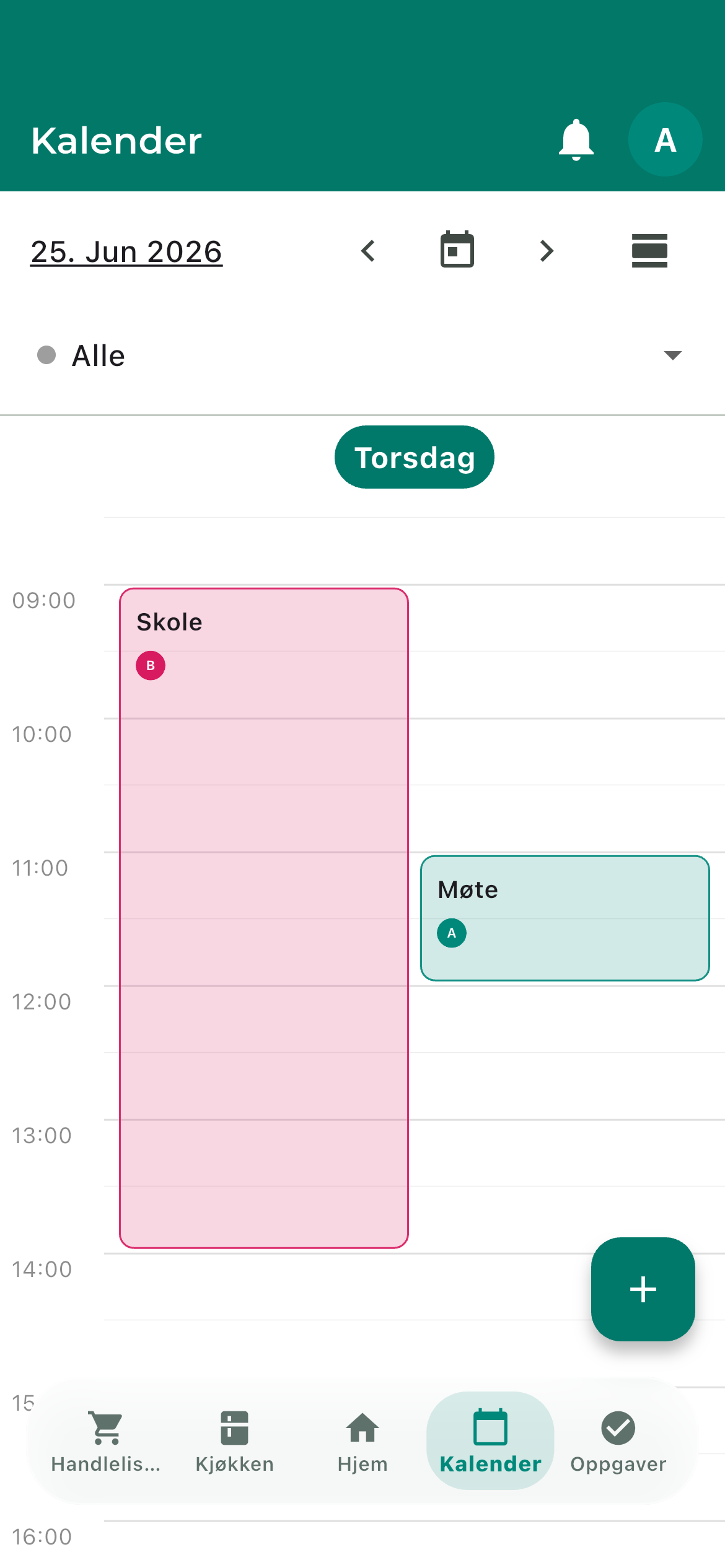 Kalenderen i FamVio med eksempler på skole og møte i en felles dagsoversikt